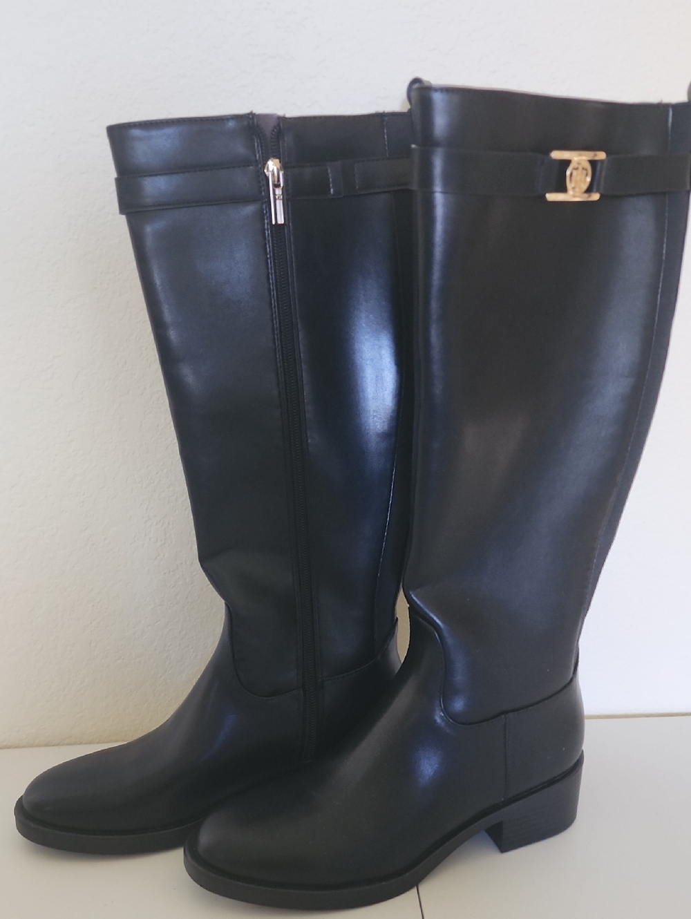 Tommy Hilfiger Black Tall Leather Riding Boots with Gold Buckle